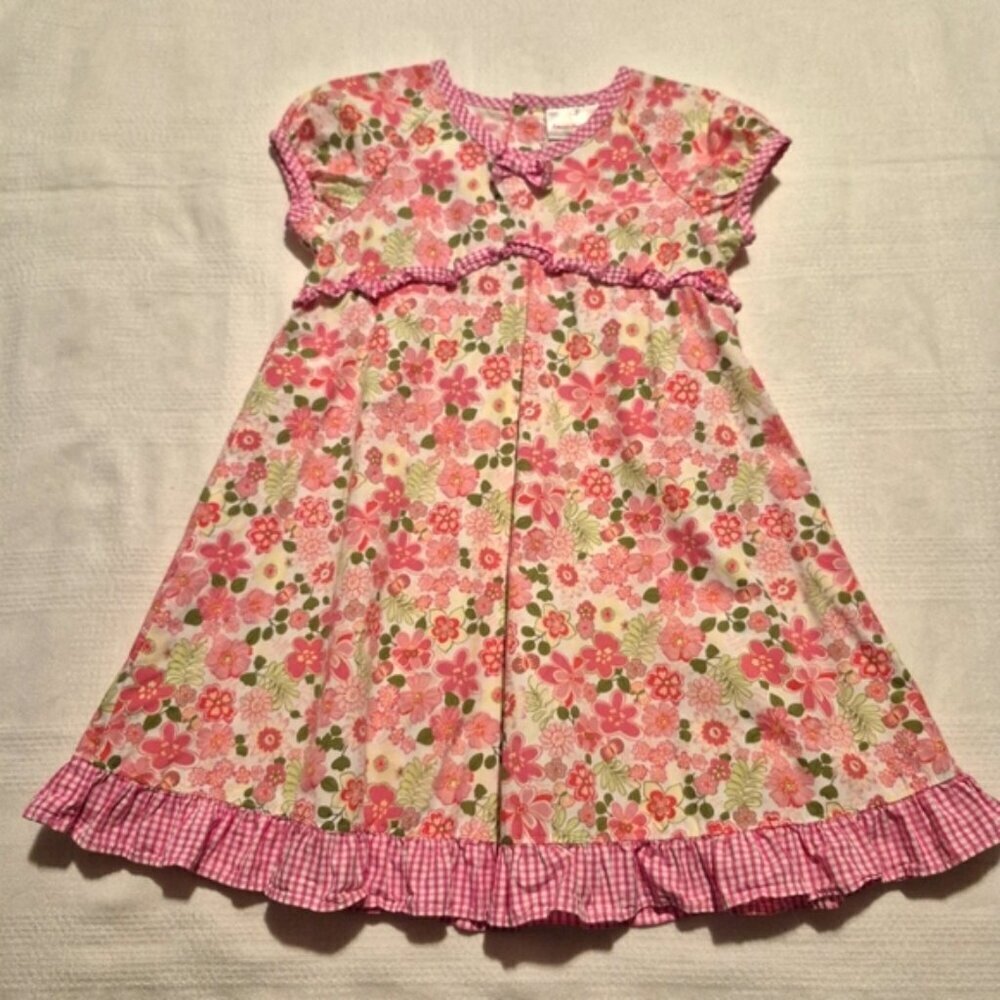 Hanna Andersson girls size 100 or 4 pink floral dress with gingham trim VGUC